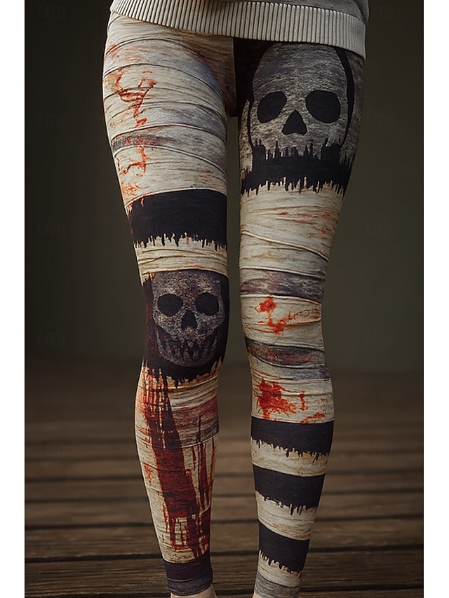 Halloween Women's Leggings Vacation Vintage Ethnic Style Full Length High Waist Graphic Skull 3D Print Quick Dry Breathability Soft Stretchy Formal Outdoor Vacation Black White Red Fall Slim Fit - Black