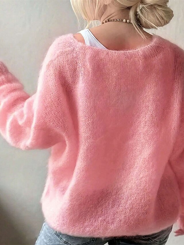 Women's Sweater Pullover Elegant Fashion Cute Solid Color V Neck Knitted Long Sleeve Regular Tops Knit Daily Home Outdoor Blue Pink Fall Winter - Pink