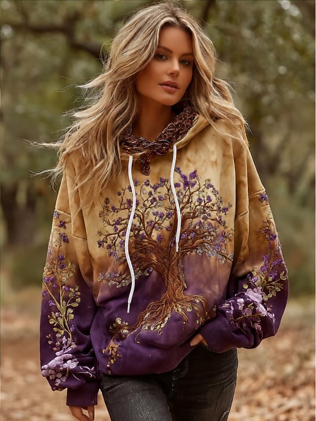 Women's 3D Print Vintage Boho Hoodie Patchwork Hoodie Sweatshirt Floral Viking Pullover Sweatshirt Floral Graphic Vintage Casual Long Sleeve Hooded Street Print Front Pocket Green Spring Fall Winter - Brown