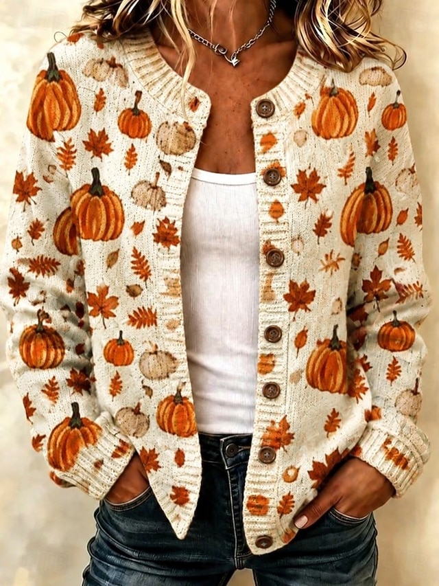 Women's Cardigan Fashion Daily Casual Graphic Pumpkin Ribbed Crew Neck Floral Buttons Print Long Sleeve Long Tops Knit Daily Outdoor Date Red Brown Light Brown Fall Winter - Beige