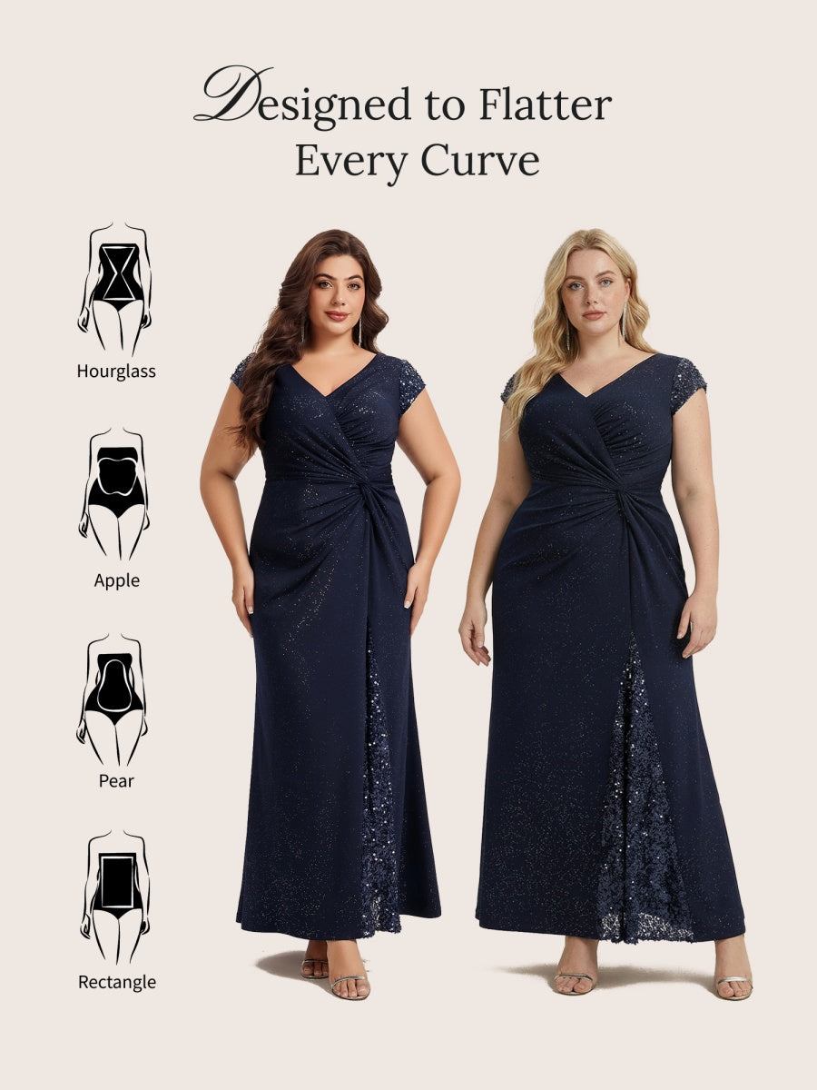 Knotted Knit Cap Sleeve Maxi Glitter Evening Dress #color_Navy Blue