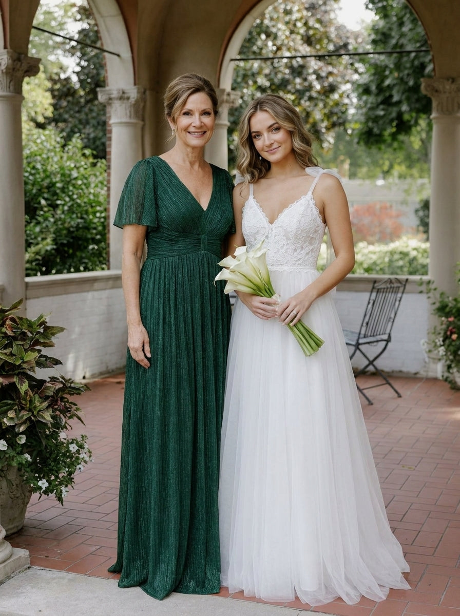 Plus Size V-Neck Glittery Short Sleeves Formal Evening Dress with Empire Waist #color_Dark Green