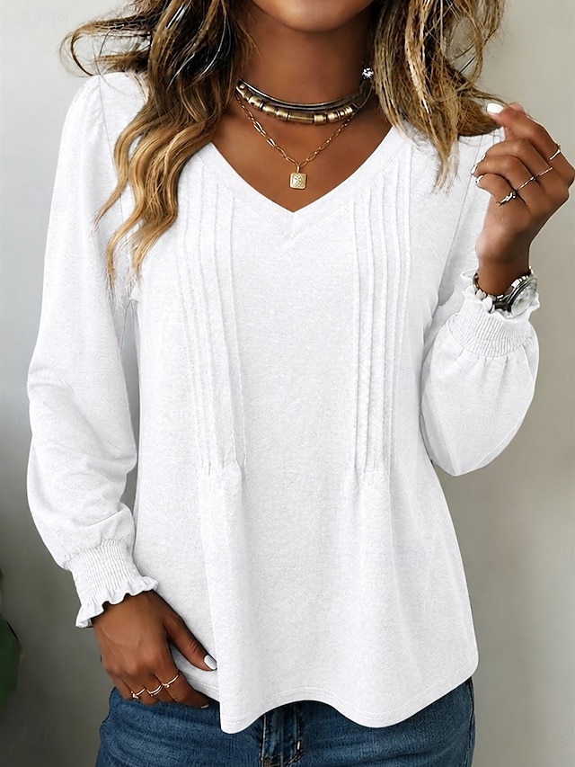 Women's T Shirt Tee Top Basic Classic Trendy Long Sleeve V Neck Regular Tops Casual Daily Blue White Black Pink Purple Spring Fall - White