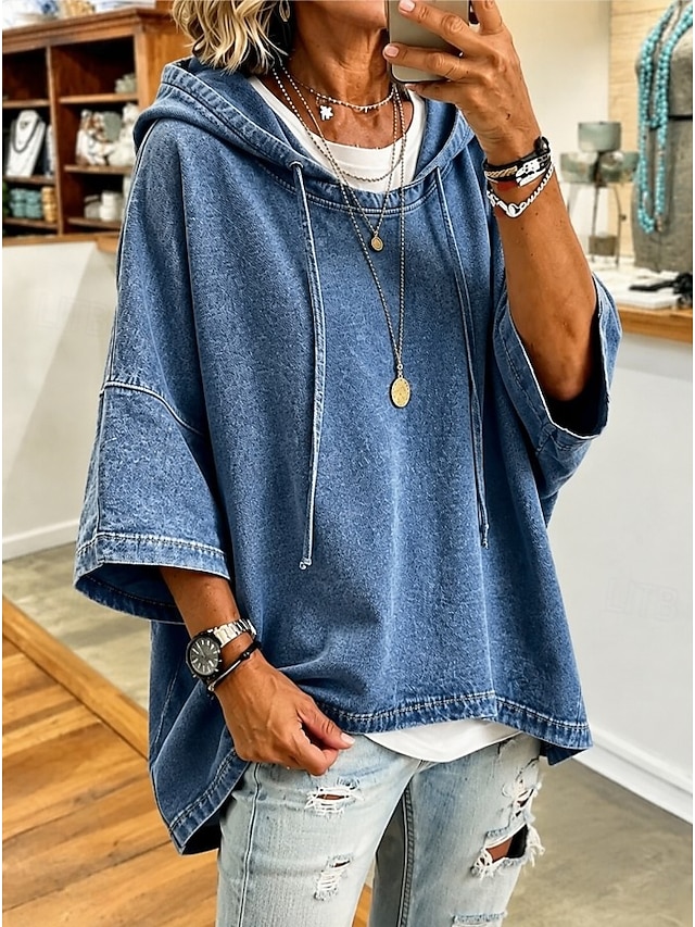 Women's Washed Cotton 100% Cotton Pullover Hoodie Sweatshirt Vintage Western 3/4 Length Sleeve Hooded Long Tops Casual Home Street Blue Black Spring Fall Winter - Blue