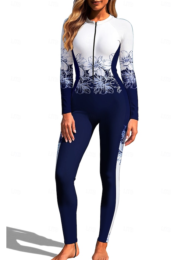 Women's Regular Rash Guard Full Body Rash Guard One Piece Surfing Suit Floral Tropical Color-blocking Zip Up with Built in Bra Front Zip UV Sun Protection Full Coverage UPF50+ Long Sleeve Full Body - Navy / Blue