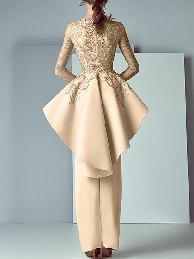 Sheath Column Floor Length Wedding Guest Dress Formal Dresses Evening Gown Mother of the Bride Dress Long Sleeve Scoop Neck Elegant Party Formal Wedding Guest Lace Stretch Fabric with Ruffles - Champagne