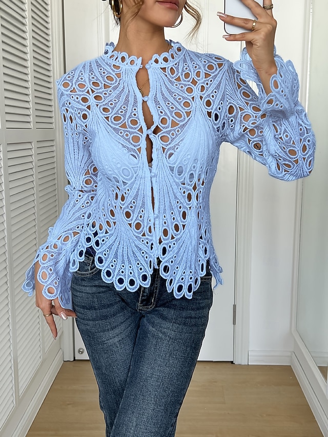 Women's Blouse Lace Solid Color Vintage Stylish Basic Long Sleeve High Neck Regular Tops Casual Daily Party Blue White Black Yellow Pink Summer Spring - Blue