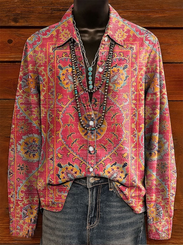 Women's Shirt Linen Like Breathable Lightweight Graphic Rainbow Elegant Bohemia Vintage Long Sleeve Shirt Collar Regular Tops Work Daily Buttons Print Pink Purple Orange Spring Fall Winter - Pink