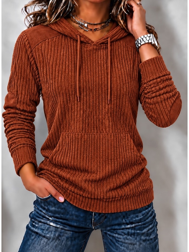 Women's Corduroy Tops Pullover Hoodie Sweatshirt Patchwork Pocket Plain Warm Active Vintage Long Sleeve Hooded Long Tops Casual Home Street Orange Green Fall Winter - Orange