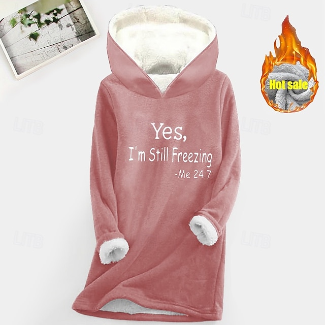 Women's Hoodie Sweatshirt Pullover Sherpa Letter Casual Sports Print Warm Fuzzy Comfort Hoodie Long Sleeve Top Micro-elastic Fall & Winter Comfort Breathable Soft Fabric - Dark Pink