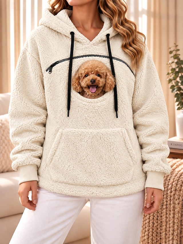 Women's Pet Carrier Hoodie Pet Pouch Hoodie Fleece Drawstring Zip Up Pocket Plain Casual Long Sleeve Hooded High Neck Regular Tops Blue White Ash Black Pink Fall Winter - White