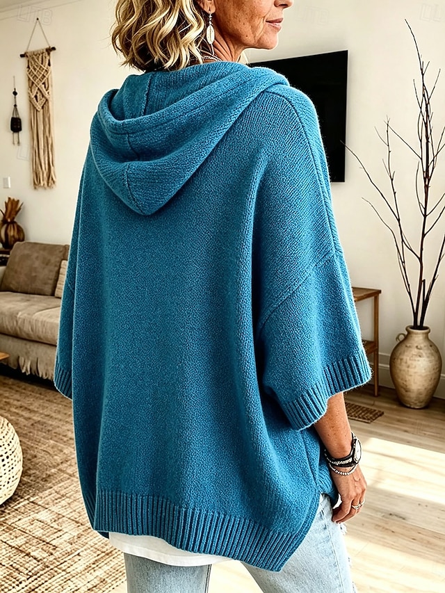 Women's Pullover Sweater Jumper Knit Sweater Streetwear Ribbed Hooded Hooded 3/4 Length Sleeve Long Tops Knit Daily Outdoor Going out Blue White Fall Winter - Blue