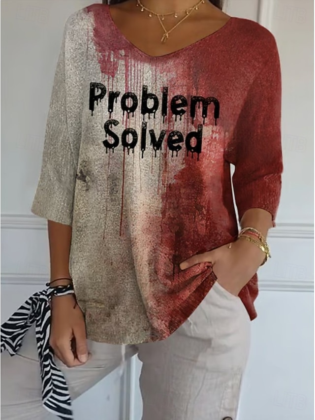 Halloween Women's Blouse Linen Like Breathable Lightweight Problem Solved Graphic 3/4 Length Sleeve V Neck Regular Tops Daily Club Uniforms Cute Outfits Red Summer Spring Fall - Red
