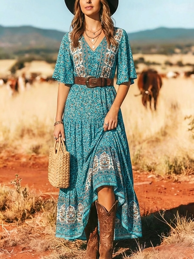 Women's Maxi Dress Boho Dress Casual Dress Floral Dress Elegant Fashion Modern Outdoor Beach Vacation Loose Fit Paisley Short Sleeve V Neck Blue Black Yellow Red Summer Spring - Blue