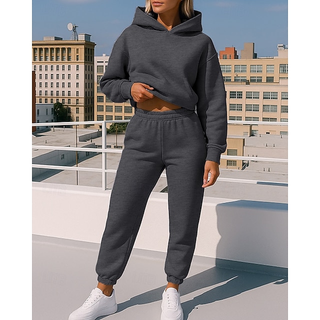 Women's 2 Piece Tracksuit Lounge Hoodie Sweatsuit Sets Solid Colored Clothing Suit Fall Black White Workout Outdoor Travel High Waist Lightweight Fashion Long Sleeve Sport Activewear Micro-elastic - Grey