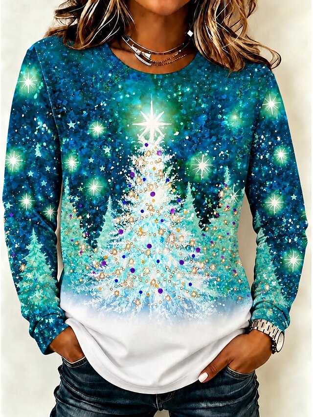 Christmas Women's T Shirt Print Graphic Christmas Tree Vintage Fashion Stylish Long Sleeve Crew Neck Regular Tops Casual Daily Weekend Blue Black Red Purple Spring Fall Winter - Blue