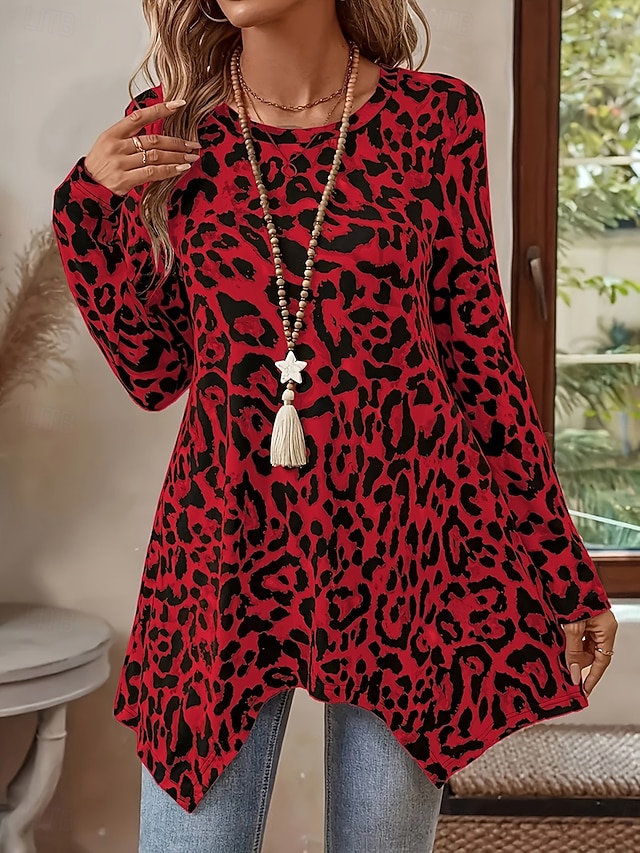 Women's Tunic Print Graphic Leopard Vintage Fashion Casual Long Sleeve Crew Neck Long Tops Daily Weekend Blue Pink Red Purple Brown Fall Winter - Red