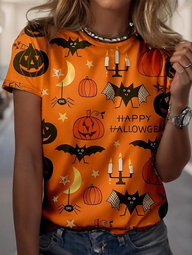 Halloween Women's Happy Halloween Pumpkin Bat Print T Shirt Jack O Lantern Spider Moon Graphic Short Sleeve Crew Neck Casual Top Orange Black - Orange