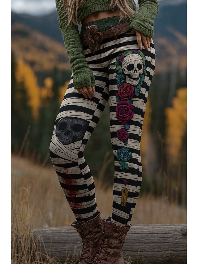 Halloween Women's Leggings Vacation Vintage Ethnic Style Full Length High Waist Graphic Skull 3D Print Quick Dry Breathability Soft Stretchy Formal Outdoor Vacation Black White Red Fall Slim Fit - Red