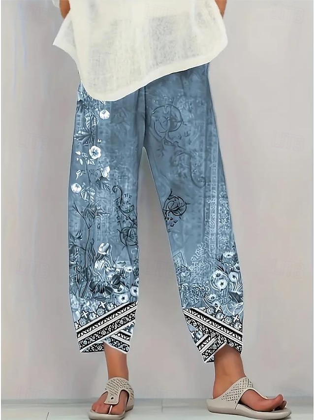 Women's Wide Leg Chinos Baggy Pants Beach Shorts Vacation Vintage Ethnic Style Ankle-Length High Waist Floral Graphic Printing Thermal Warm Soft Breathable Micro-elastic Casual Daily Vacation Ash - Robin's Egg Blue