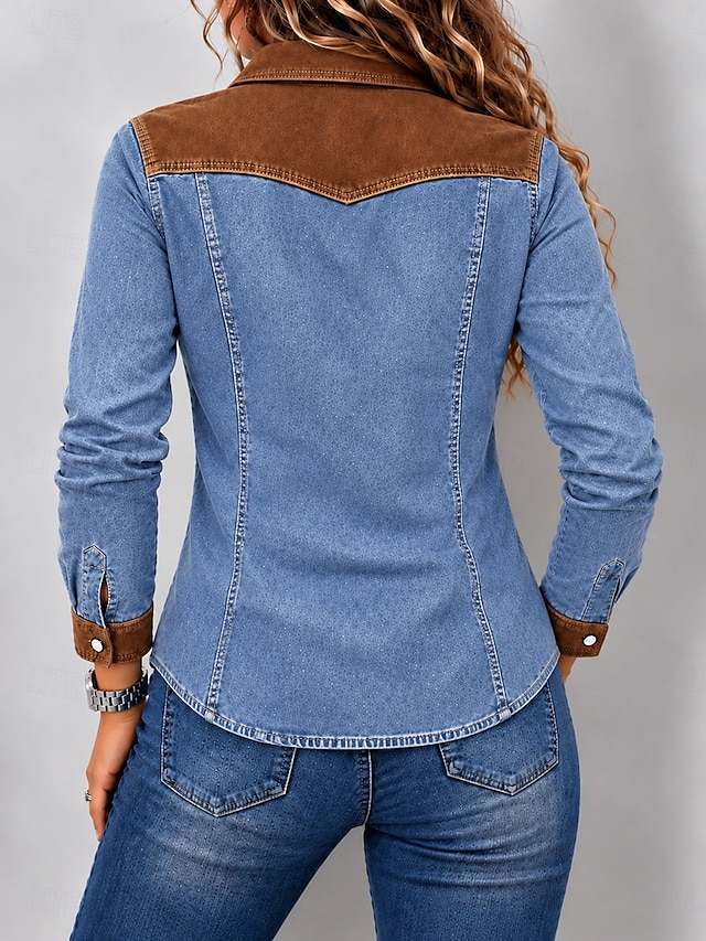Women's Denim Blouse Denim Shirt Suede Jackets Patchwork Plain Vintage Fashion Stylish Long Sleeve Lapel Regular Tops Casual Beach Blue Spring Fall Winter - Blue