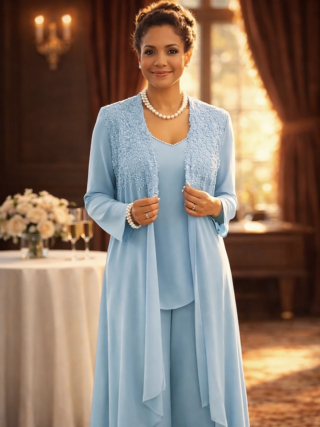 Jumpsuit Pantsuit 3 Piece Floor Length Mother of the Bride Dress Sleeveless V Neck Elegant Party Formal Wedding Guest Lace Linen Cotton Blend Jacket Dresses with Beading Appliques - Sky Blue