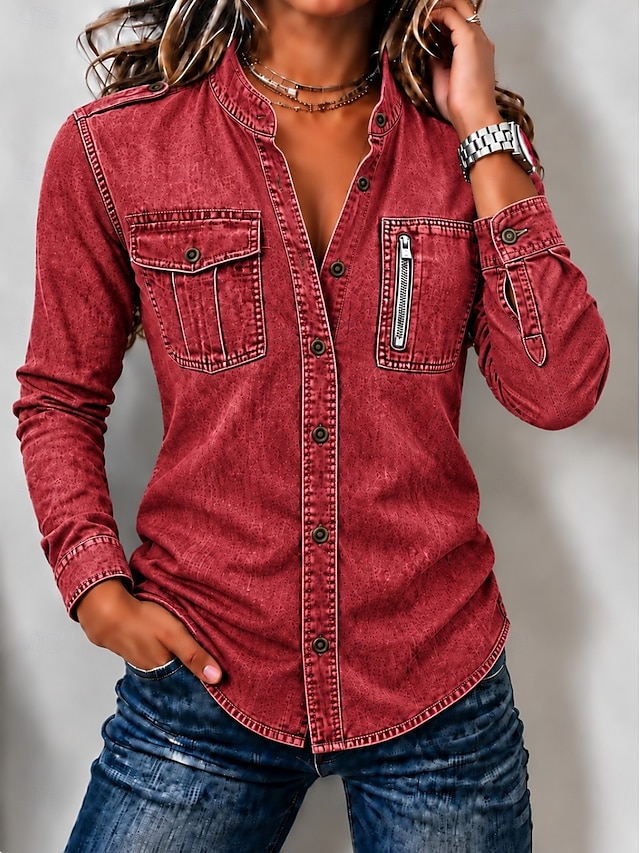 Women's Denim Blouse Denim Shirt Henley Shirt Solid Color Vintage Fashion Stylish Long Sleeve Regular Tops Casual Daily Streetwear Blue Khaki Red Spring Fall Winter - Red