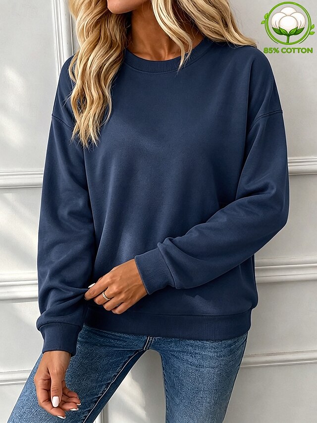 Women's Pullover Sweatshirt Cotton Elegant Warm Long Sleeve Crew Neck Regular Tops Blue White Black Yellow Pink Spring Fall Winter - Dark Blue