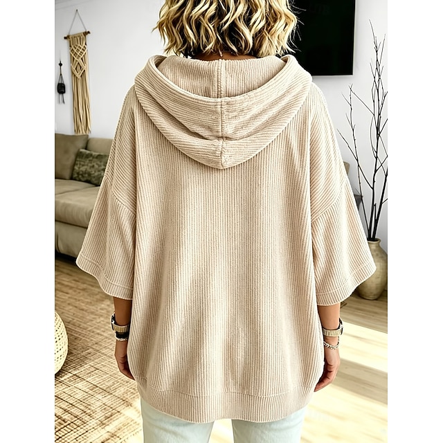 Women's Corduroy Tops Textured Warm Vintage Fashion 3/4 Length Sleeve Hooded Long Tops Casual Home Street Ash Light Purple Green Fall Winter - Light Purple