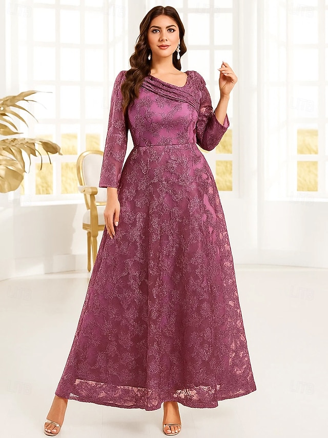 A-Line Floor Length Wedding Guest Dress Formal Dresses Evening Gown Mother of the Bride Dress Long Sleeve V Neck Elegant Vintage Luxurious Tulle with Sequin Embroidery - Fuchsia