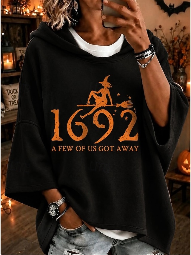 Halloween Women's Pullover Hoodie Sweatshirt Print Graphic Casual 3/4 Length Sleeve Hooded Long Tops Casual Street Dailywear Blue Black Pink Orange Grey Fall Winter - Black