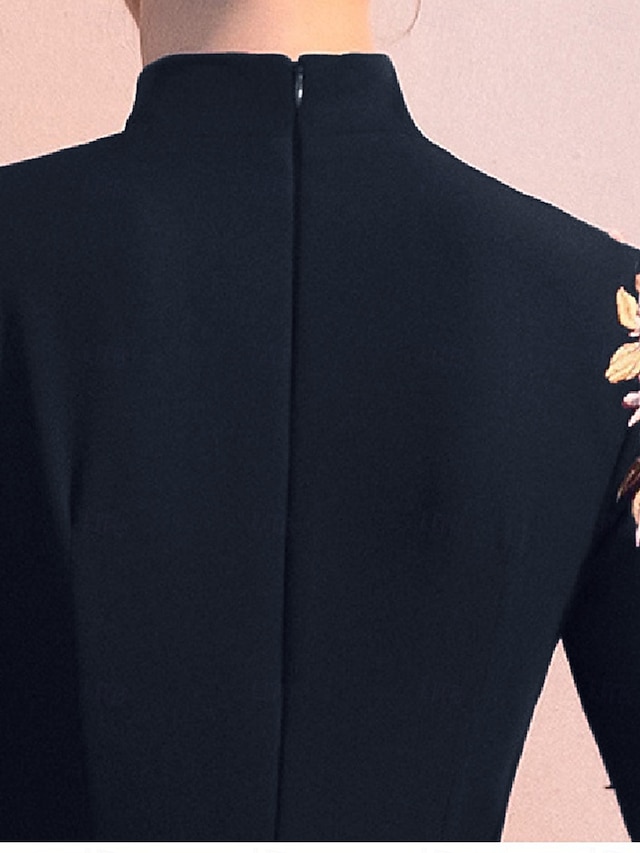 A-Line Mother of the Bride Dress Elegant Simple High Neck Floor Length Stretch Fabric Long Sleeve with Pleats Appliques free custom size - Dark Navy