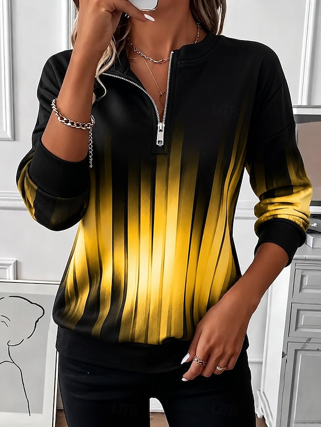 Women's Zip Up Sweatshirts Zipper Print Graphic Geometric Abstract Fashion Casual Long Sleeve Round Neck Half Zip Regular Tops Casual Street Dailywear Blue Yellow Orange Spring Fall - Yellow