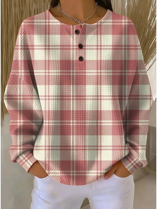 Women's Pullover Sweatshirt Buttons Graphic Geometric Fashion Casual Print Long Sleeve Crew Neck Regular Tops Casual Home Work Black Pink Orange khaki Spring Fall - Pink