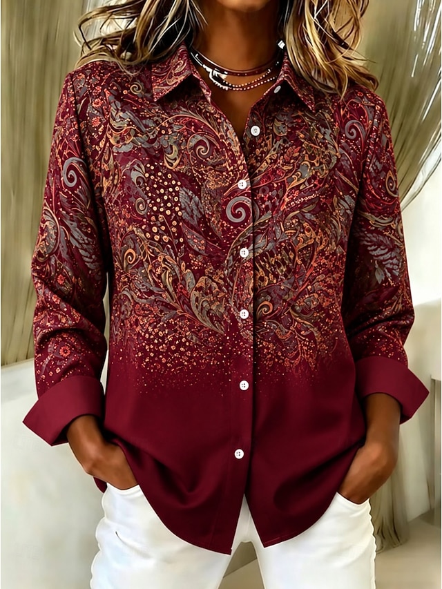 Women's Shirt Blouse Print Graphic Paisley Abstract Elegant Stylish Modern Long Sleeve Shirt Collar Regular Tops Casual Work Blue Wine Purple Orange Spring Fall Winter - Wine