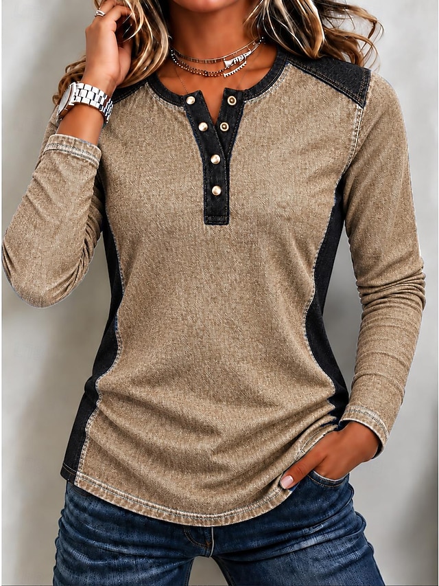 Women's Denim Blouse Denim Shirt Solid Color Bohemia Active Vacation Long Sleeve Polo Collar Regular Tops Casual Daily Holiday Khaki Teal Green Summer Spring Fall Winter - Khaki