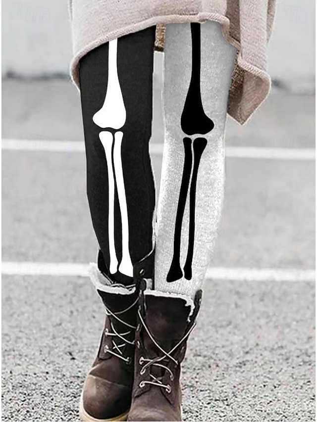 Halloween Women's Cute Mummy Boo Graphic Leggings High Waist Ankle Length Asymmetric Bandage Spider Print Stretchy Pants Black White - Light Grey