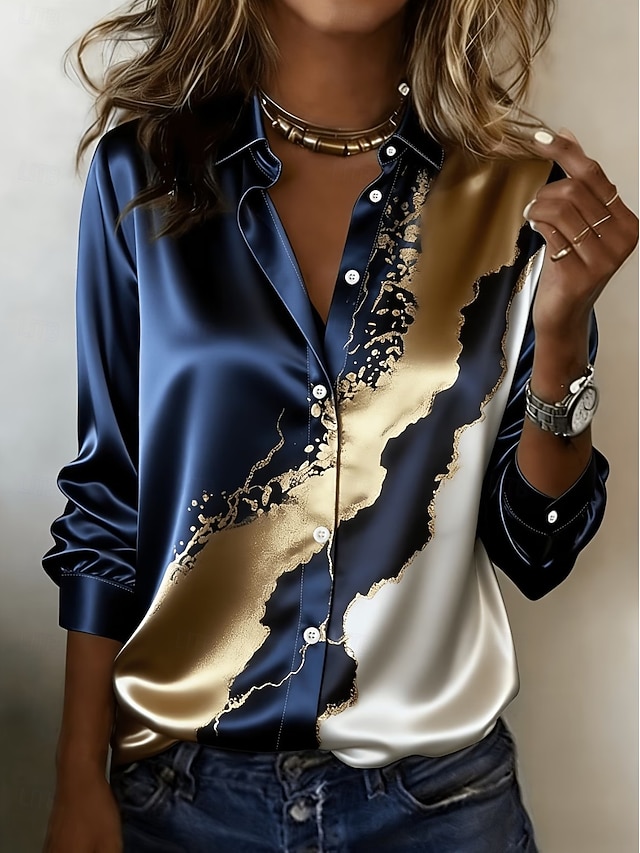Women's Shirt Buttons Print Graphic Geometric Striped Elegant Daily Stylish Long Sleeve Shirt Collar Regular Tops Casual Daily Work Red Dark Blue Spring Fall - Dark Blue