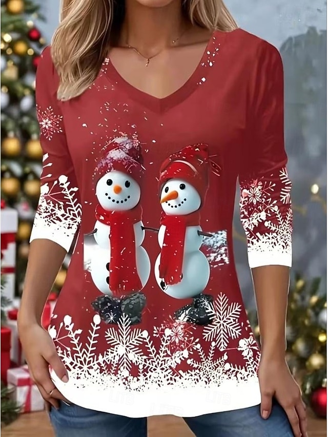 Christmas Women's T Shirt Graphic Vintage Stylish Classic Long Sleeve V Neck Regular Tops Daily Print Gray / Red Black+White+Red Black Wine Red Spring Fall Winter - Red