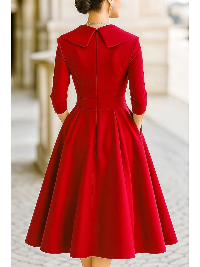 A-Line Tea Length Party Dress Cocktail Dress Wedding Guest Dress Mother of the Bride Dress 3/4 Length Sleeve Shirt Collar Elegant Vintage Formal Satin with Ruching Solid Color - Red