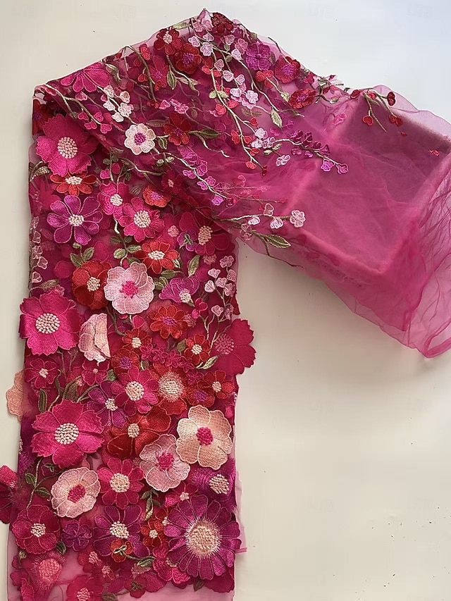A-Line Floor Length Lace Dress Mother of the Bride Dress Long Sleeve Crew Neck Illusion Neck Elegant Vintage Formal Wedding Guest Wedding Party Chiffon Lace with Floral Print 3D Flowers Embroidery - Fuchsia