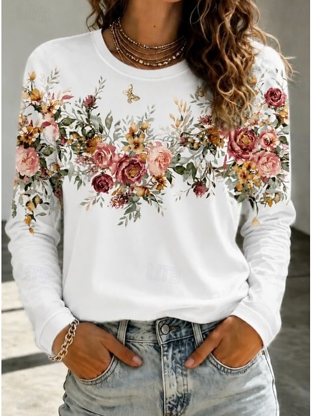 Women's T Shirt Print Floral Graphic Plants Fashion Classic Casual Long Sleeve Crew Neck Regular Tops Casual Daily Weekend Blue White Black Pink Spring Fall - White