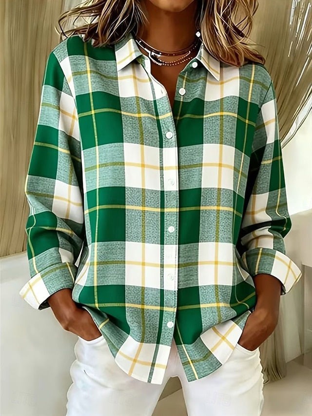 Women's Shirt Buttons Print Graphic Plaid Vintage Stylish Modern Long Sleeve Shirt Collar Crop Tops Casual Daily Pink Sky Blue Dark Green Green Spring Fall - Green