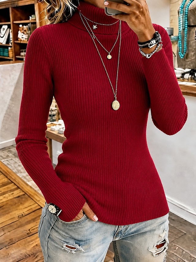 Women's Pullover Sweater Jumper Elegant Vintage Fashion Turtleneck Knitted Long Sleeve Regular Tops Knit Wine Red Dark Green Fall Winter - Wine Red