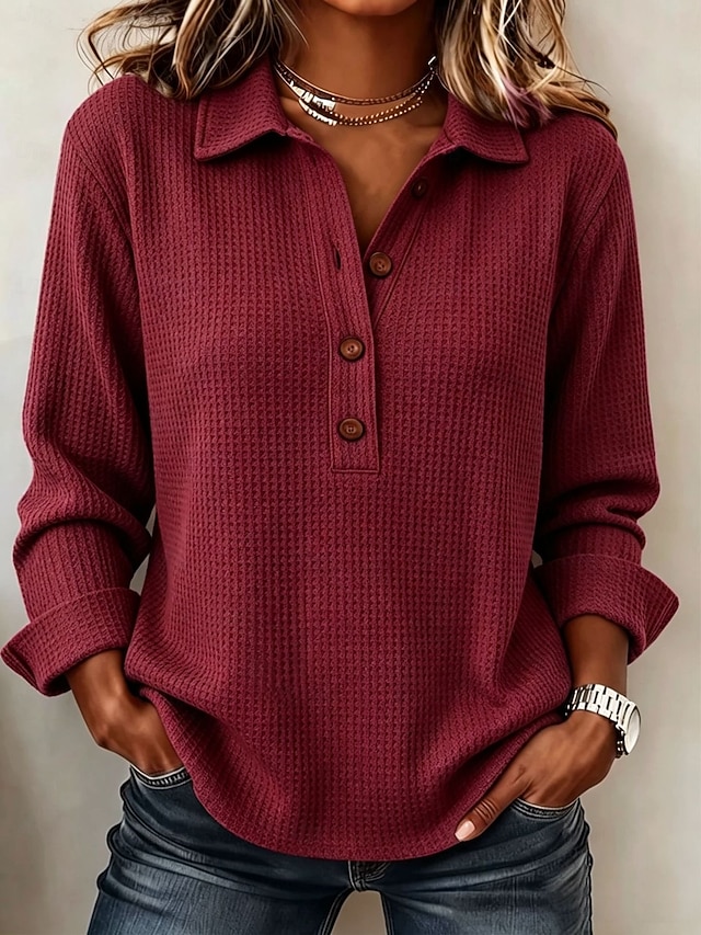 Women's Casual Vintage Waffle Shirt Texture Patchwork Buttons Solid Color Plain Long Sleeve Henry Collar Long Tops White claret sunflower color Black Olive Green Fall Spring, Fall, Winter, Summer - claret