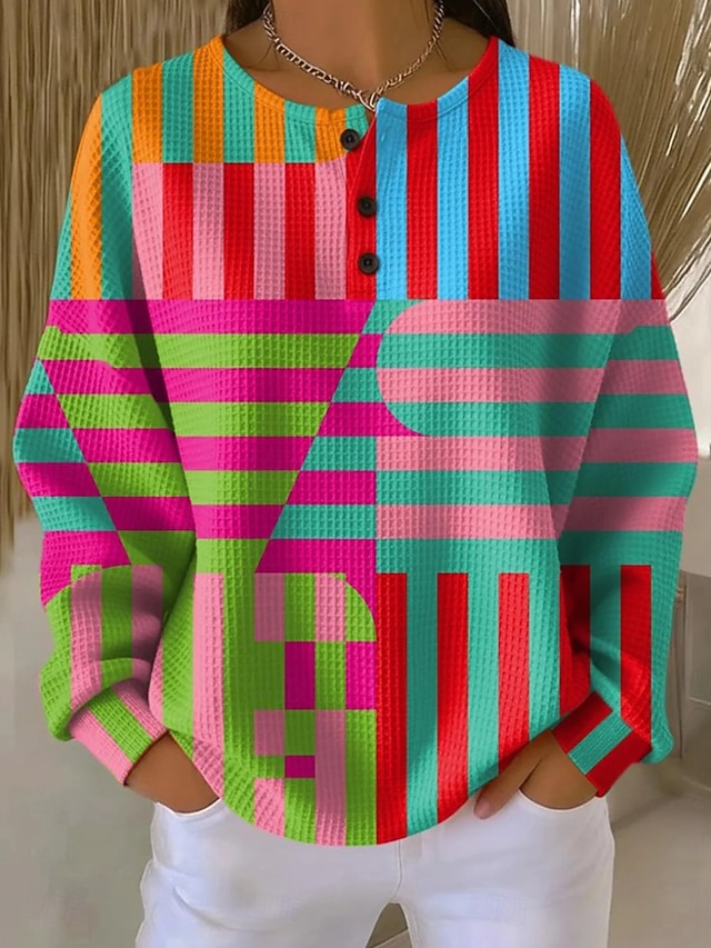 Women's Pullover Hoodie Sweatshirt Geometric Fashion Long Sleeve Crew Neck Regular Tops Black Yellow Pink Spring Fall Winter - Pink