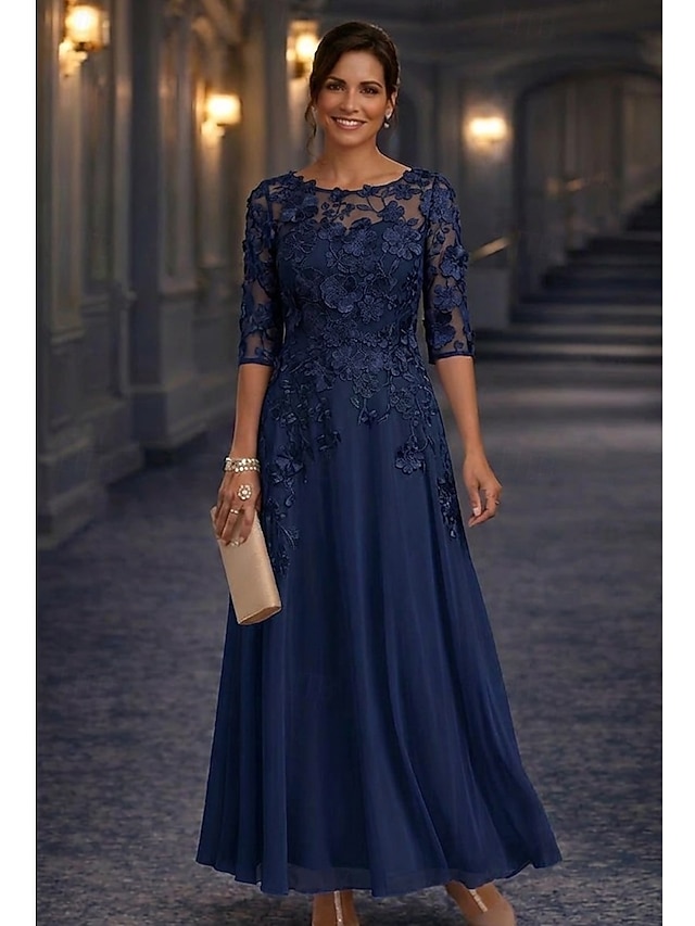 A-Line Floor Length Lace Dress Mother of the Bride Dress Long Sleeve Crew Neck Illusion Neck Elegant Vintage Formal Wedding Guest Wedding Party Chiffon Lace with Floral Print 3D Flowers Embroidery - Dark Navy