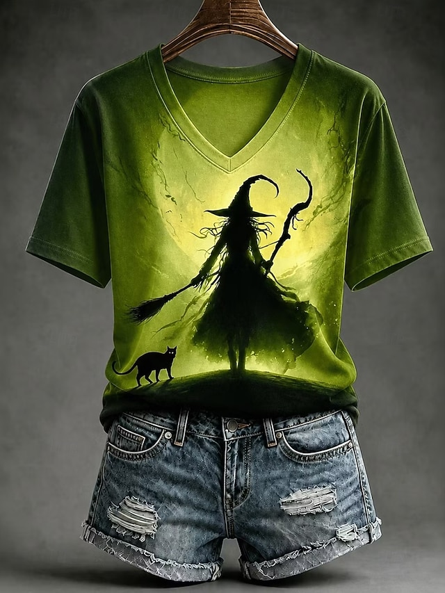 Halloween Women's T Shirt Print Graphic Abstract Witch Vintage Stylish Classic Short Sleeve V Neck Regular Tops Casual Daily Weekend Ash Black Pink Green Summer Spring Fall Winter - Green
