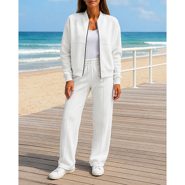 Women's 2 Piece Outfits Lounge Sweatsuit Pocket Solid Colored Clothing Suit Fall Black White Spandex Outdoor Travel Sports Moisture Wicking Long Sleeve Sport Activewear Micro-elastic Regular Fit - White