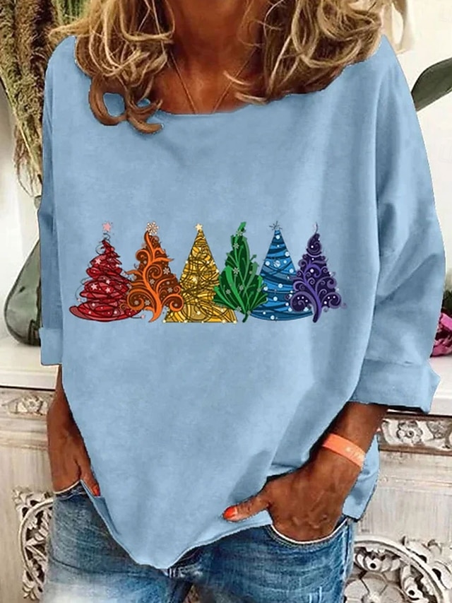 Christmas Women's T Shirt Graphic Bohemia Vintage Fashion Long Sleeve Crew Neck Regular Tops Daily Weekend Print Black Pink Red Blue Green Spring Fall - Blue